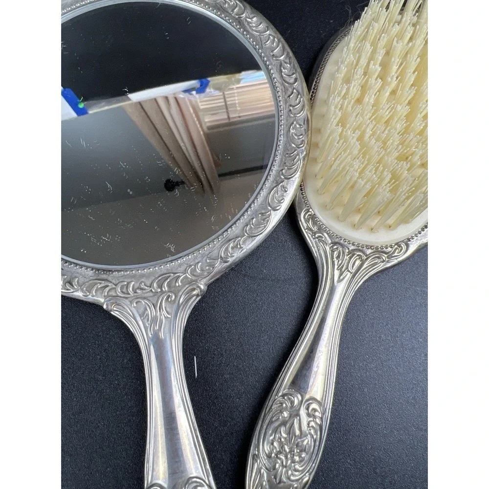 Vtg Silver Plated Vanity Set Hand Mirror, Hair Brush & Comb, Heavy Appx 70 Yrs